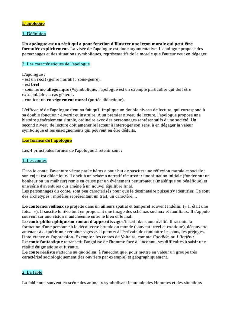 Définition et formes de l'apologue | PDF | Fable | Moralité