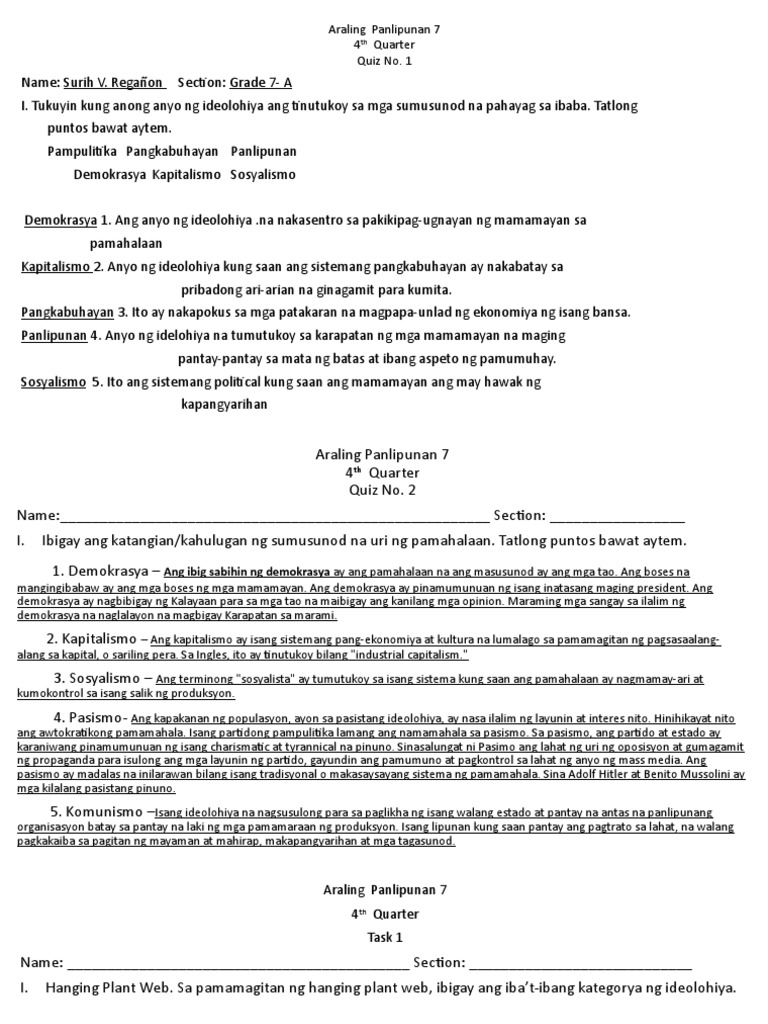 4th Quarter AP 7 Quiz1 | PDF