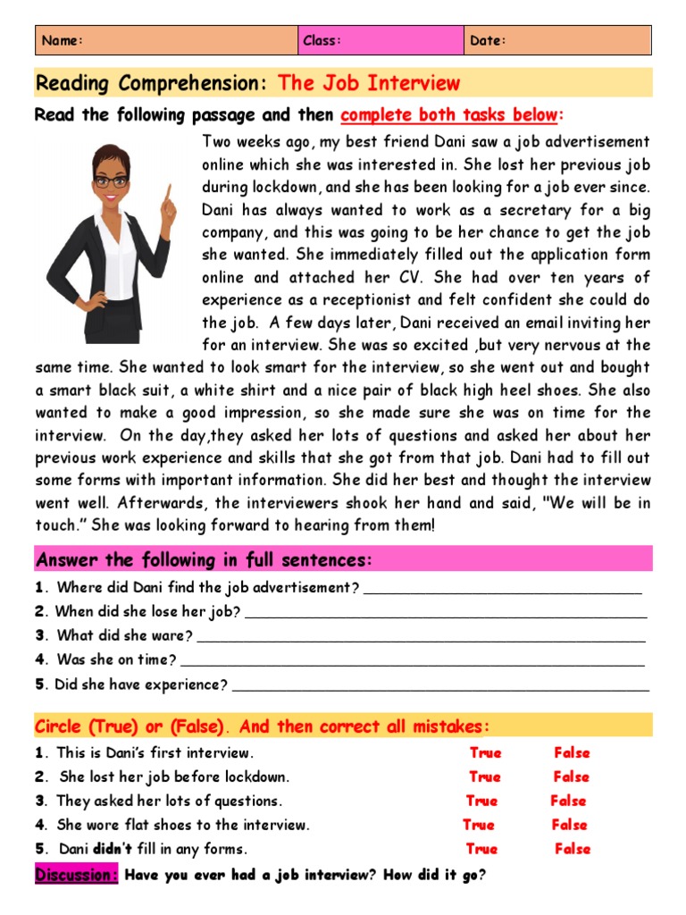 A Job Interview Reading Comprehension Pdf Job Interview