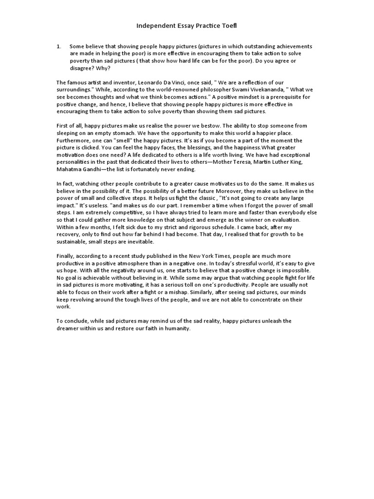 TOEFL Independent Essay Practice Guide | PDF | Preschool | Teachers