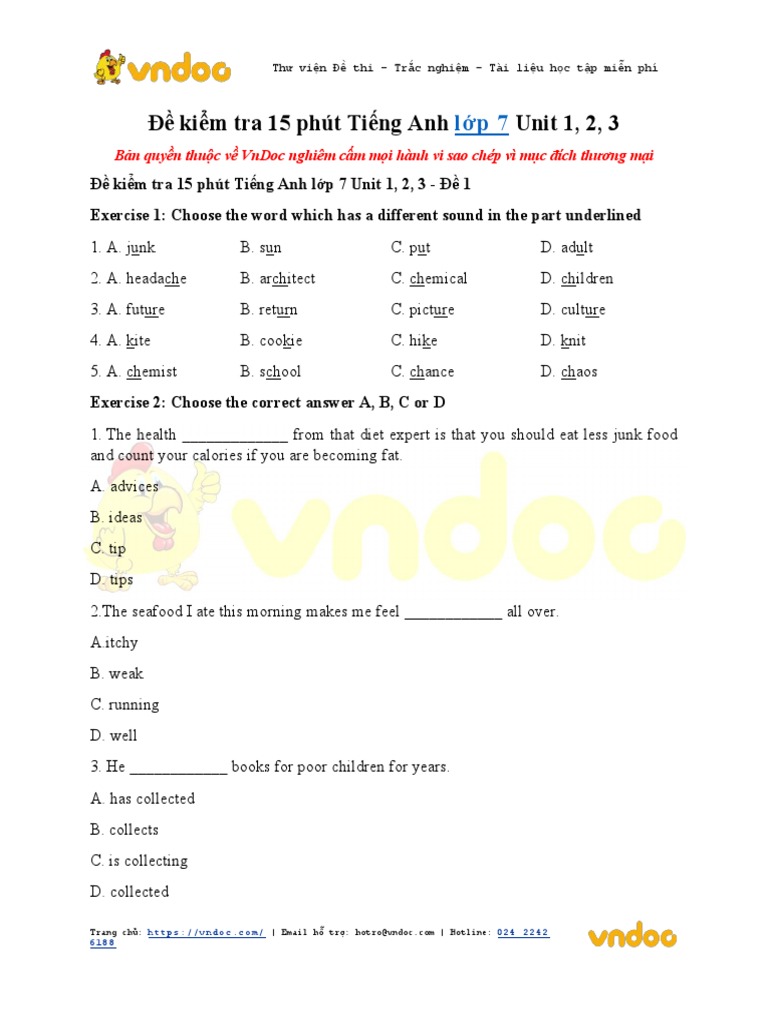 De Kiem Tra 15 Phut Tieng Anh Lop 7 Unit 1 2 3 | PDF