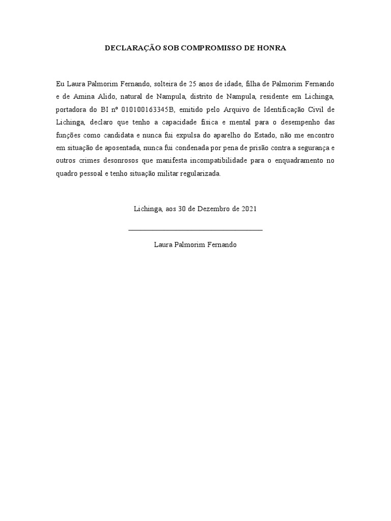 Declaração de Honra para Candidatura | PDF