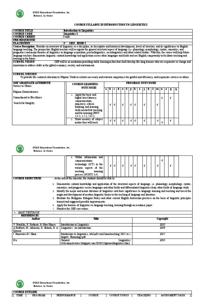 Syllabus Introduction To Linguistics Pdf Test Assessment