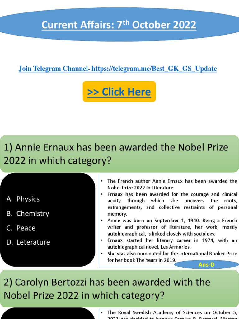 7th October Current Affairs 2022 PDF Nobel Prize
