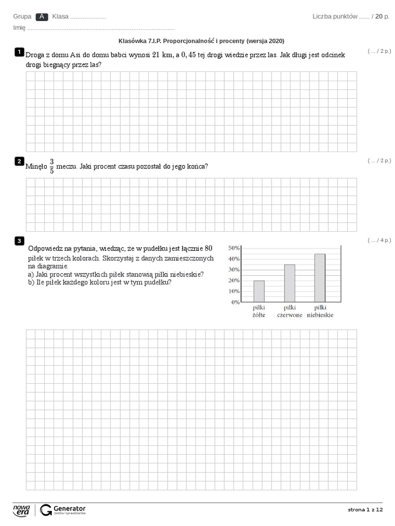 Magnet Smart 1 Klasa 7 Testy Klasówka 7.I.P. Proporcjonalność I Procenty (Wersja 2020) Test
