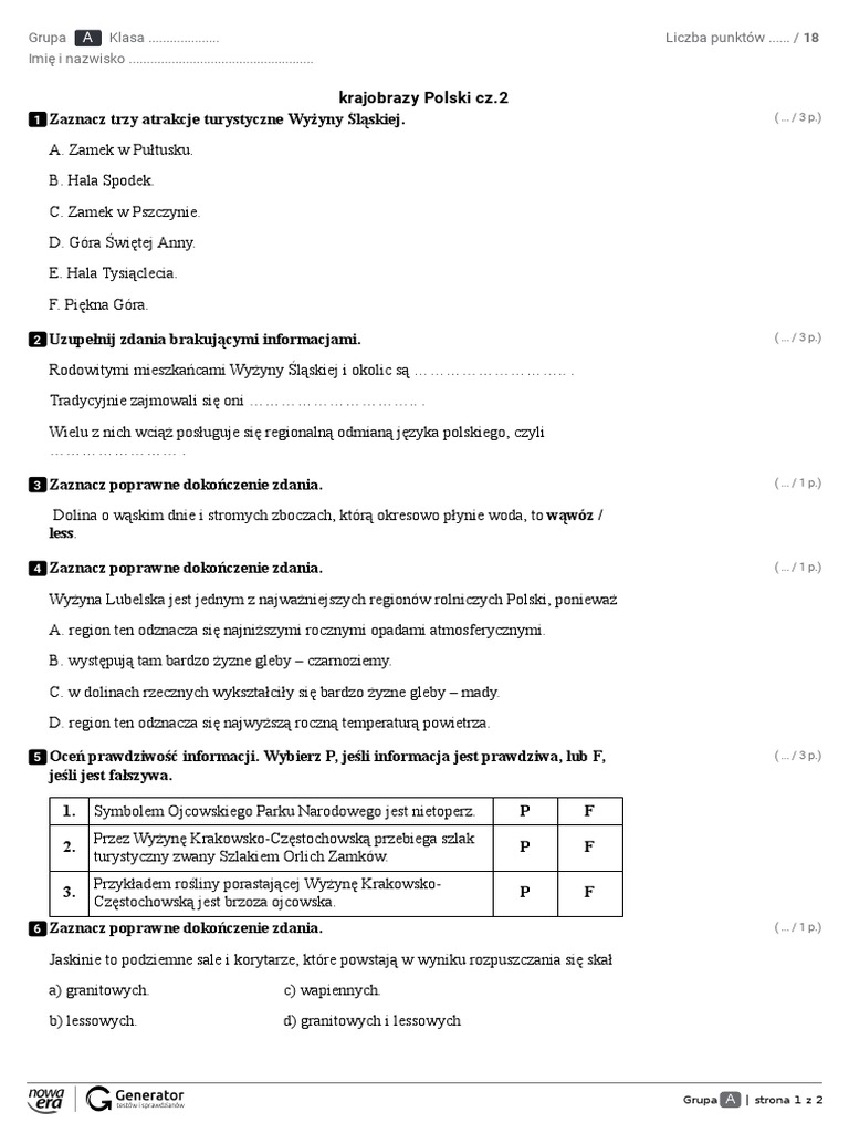 Test Krajobraz Polski Klasa 5 kl.5 Spr. Krajobrazy Polski CZ, 2 | PDF