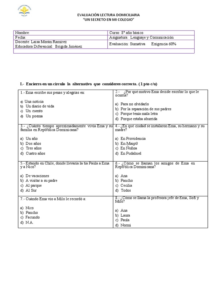EVALUACIÓN Libro Un Secreto en Mi Colegio | PDF
