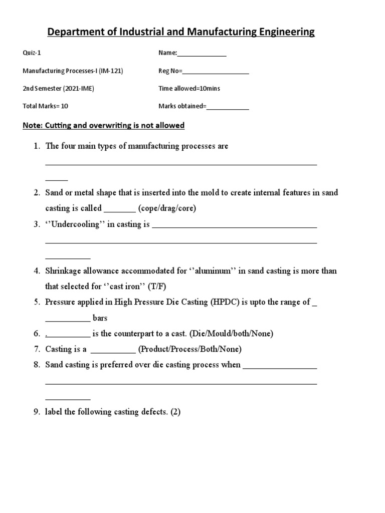 IM121 Manufacturing Processes Quiz PDF