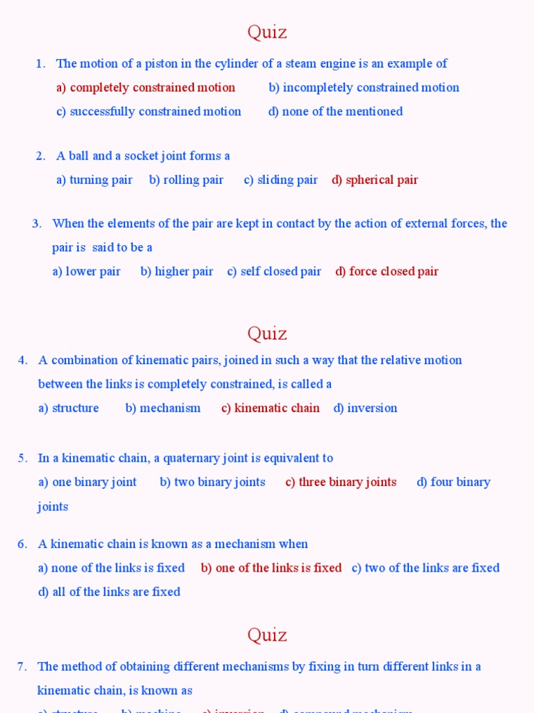 Mechanisms Quiz Identifying Types of Kinematic Pairs, Chains, and