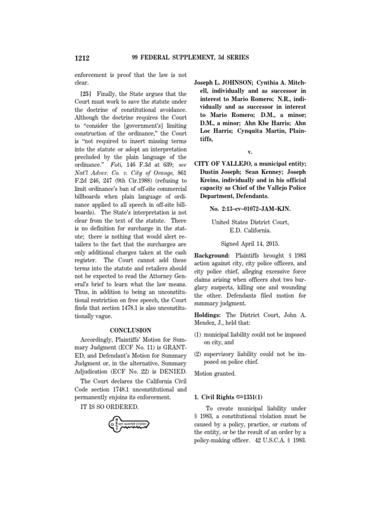 Johnson v. Vallejo Summary Judgment Decision (4.14.15) PDF