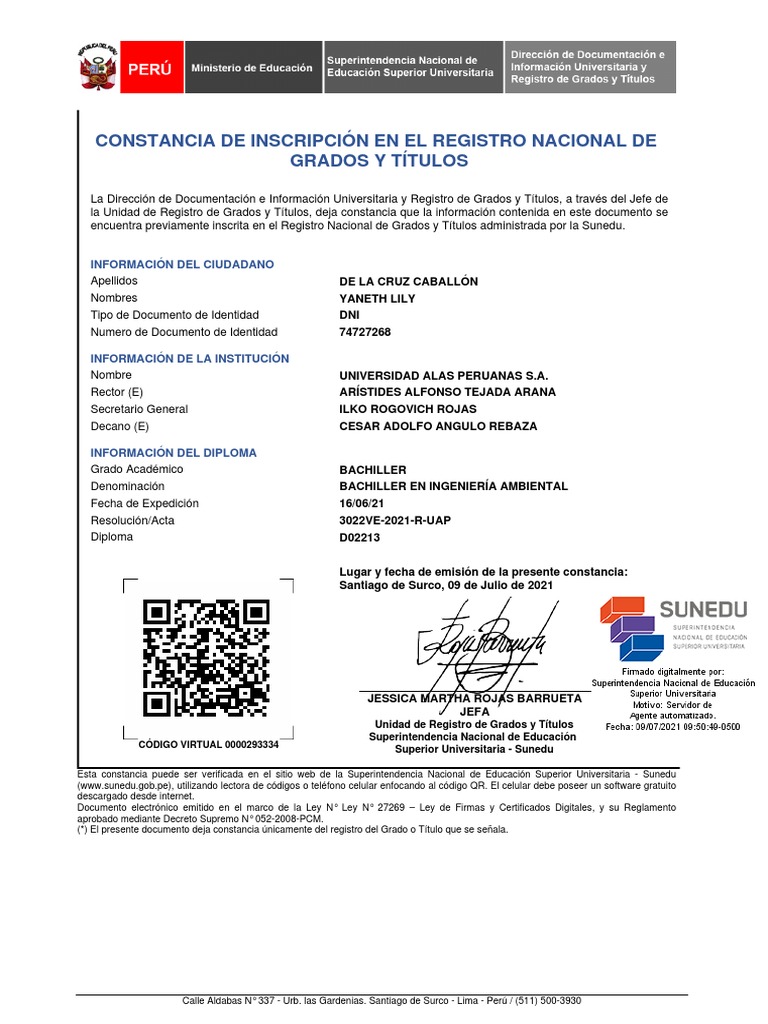 Constancia de Grado en Ingeniería Ambiental | PDF