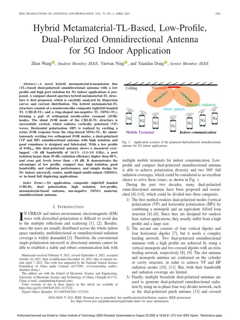 Hybrid MetamaterialTLBased LowProfile DualPolarized Omnidirectional Antenna For 5G Indoor