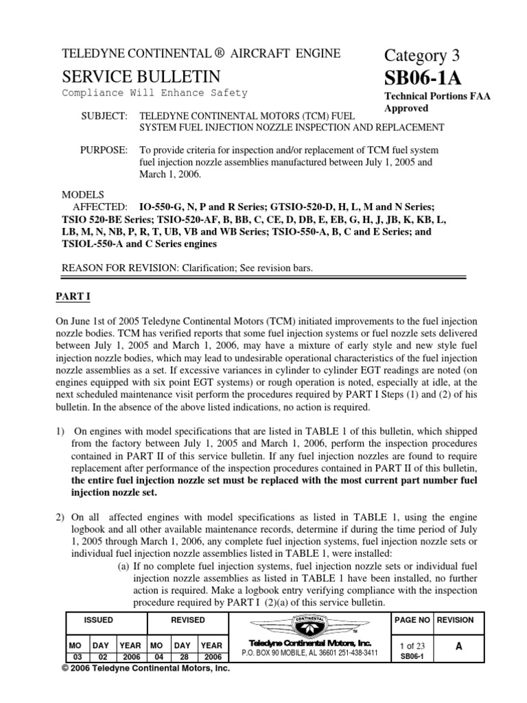 Service Bulletin Category 3 Teledyne Continental Aircraft Engine PDF