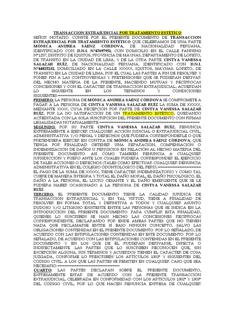 Modelo Transaccion Extrajudicial - Tratamiento Estetico | PDF | Daños y ...