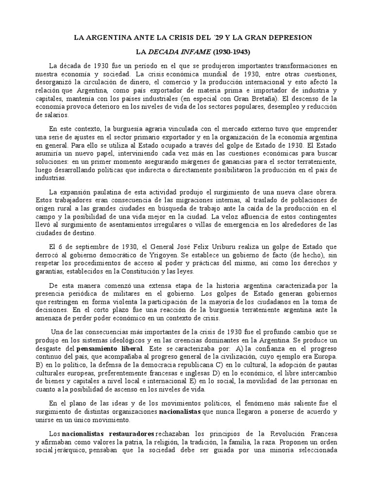 La Crisis Del 29 y La Decada Infame | PDF | Gran depresion | Argentina