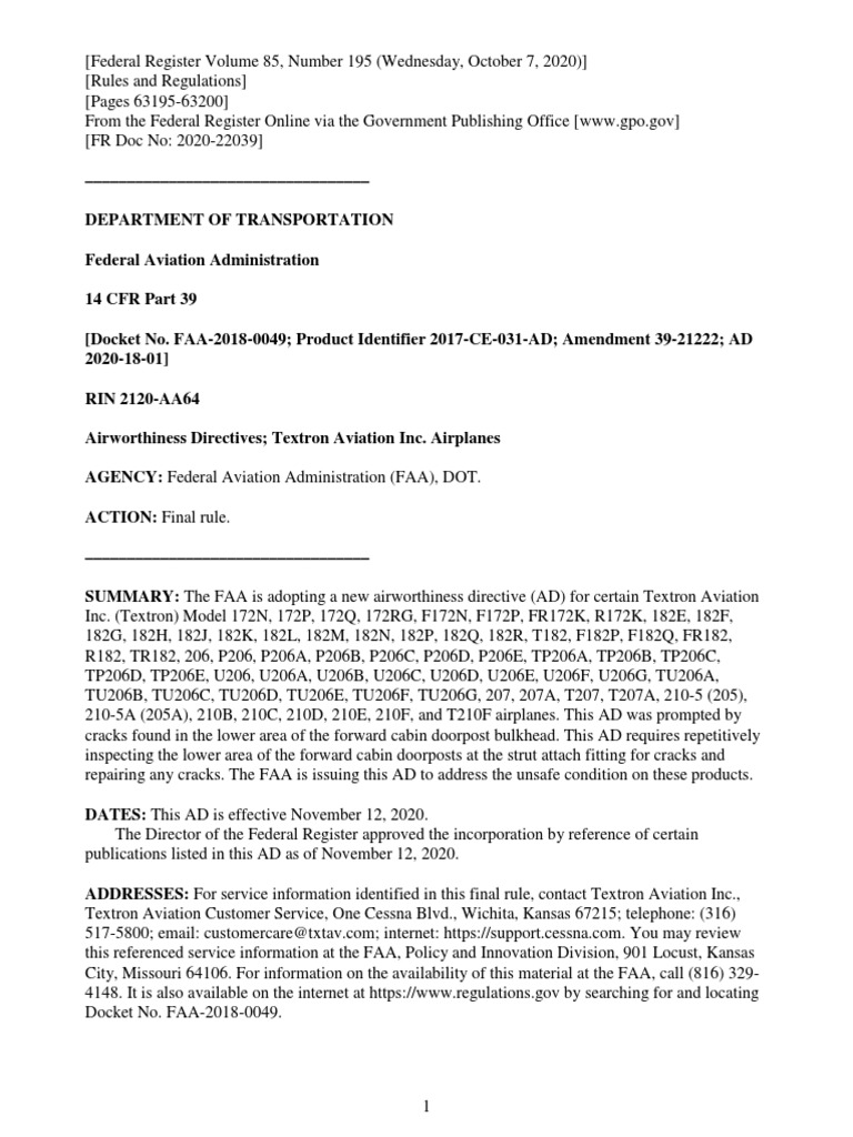 Cessna Airworthiness Directive 2020-18-01 | PDF | Federal Aviation ...