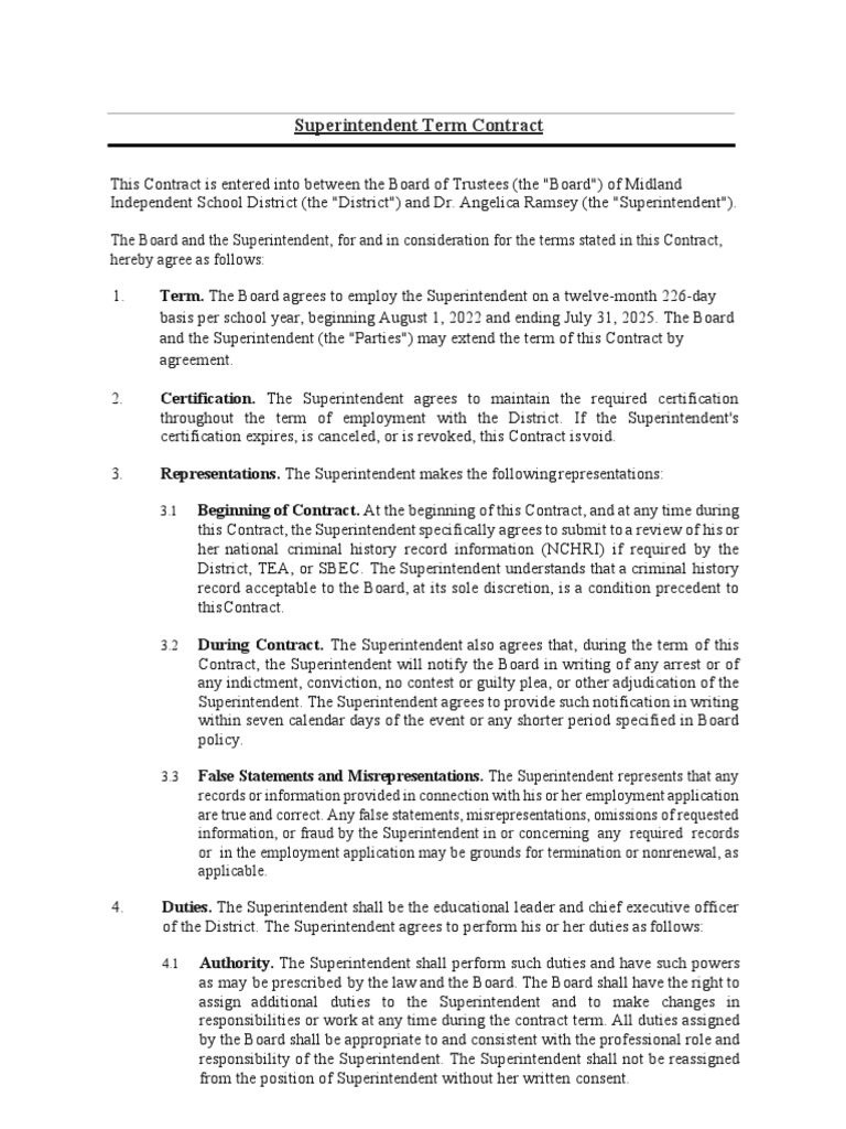 Midland ISD Superintendent Contract | PDF | Salary | Liability Insurance