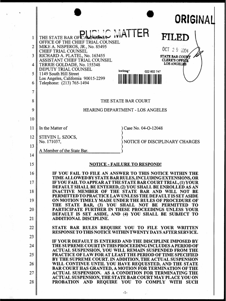 Szocs Steven L 171037 California State Bar Serious Discipline Binder2