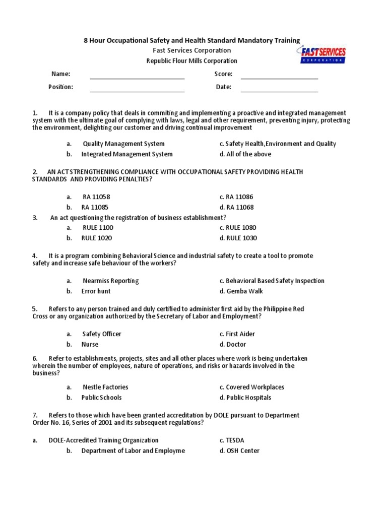 8-Hour OSH Training Exam Questions | PDF | Occupational Safety And ...