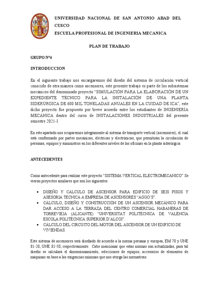 Plan de Trabajo GRUPO 4 FINAL | PDF | Ascensor | Ingeniería
