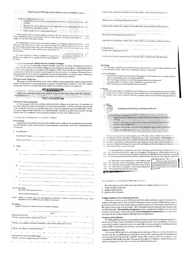 Reading and Writing Book Review and Article Critique PDF