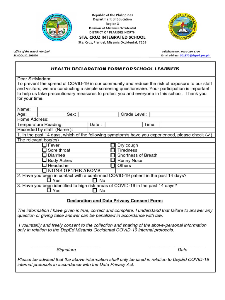 Health Declaration Form - SCHOOL LEARNERS | PDF | Public Health ...
