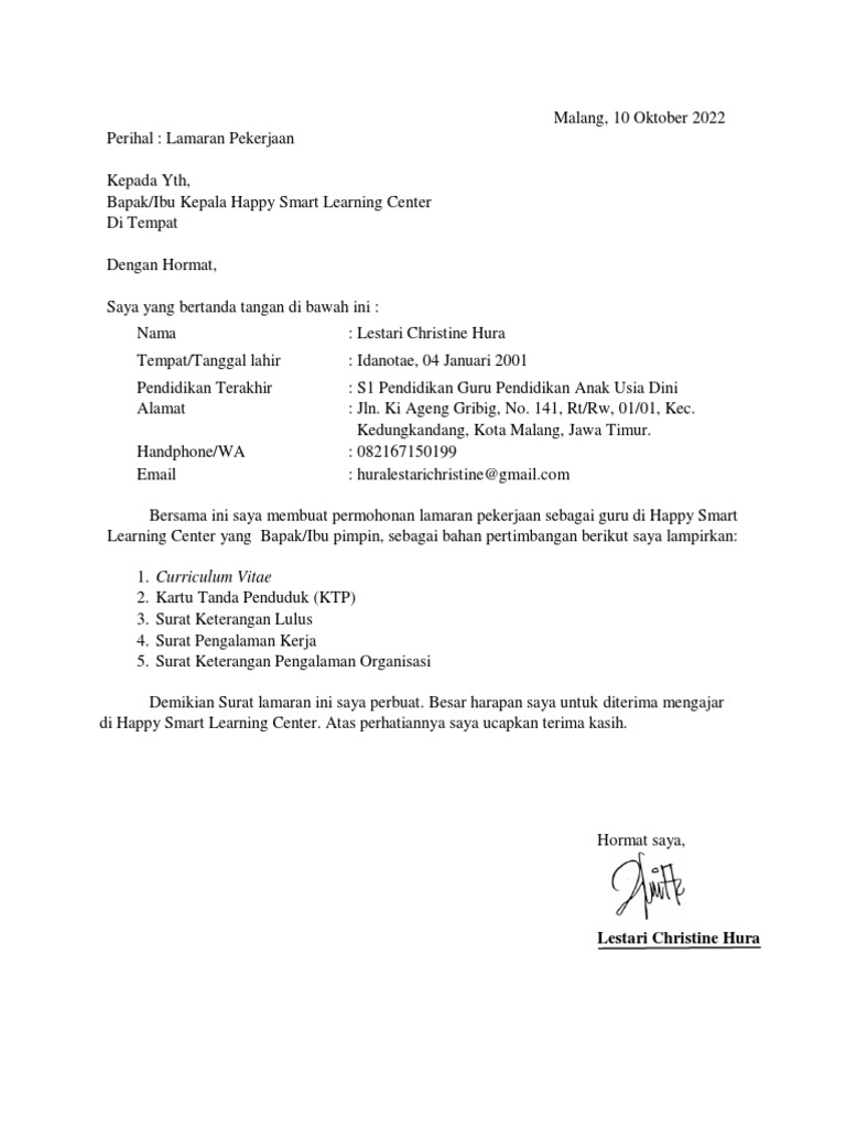 Surat Lamaran Kerja_Lestari Christine Hura | PDF