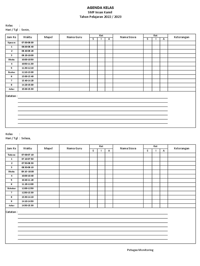Form Dokumen Agenda Kelas SMP | PDF
