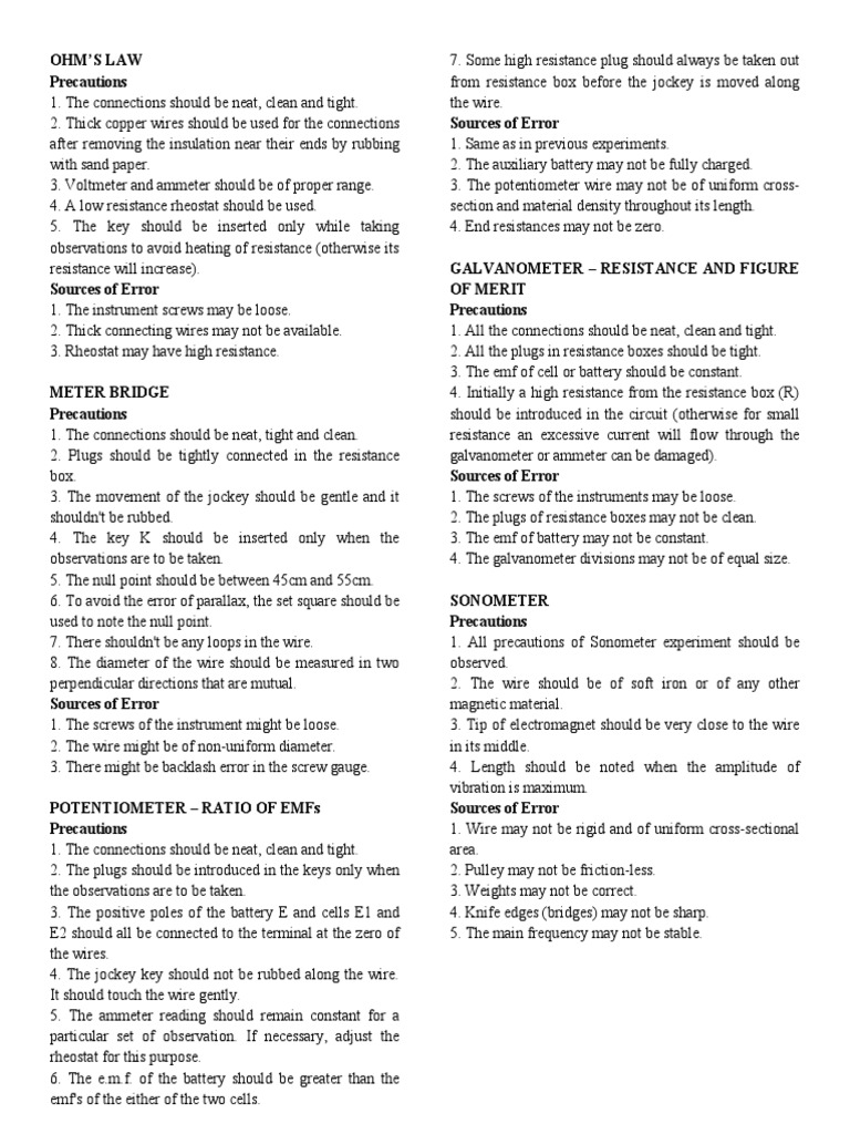 Precaution and Sources of Error | PDF | Electrical Resistance And ...