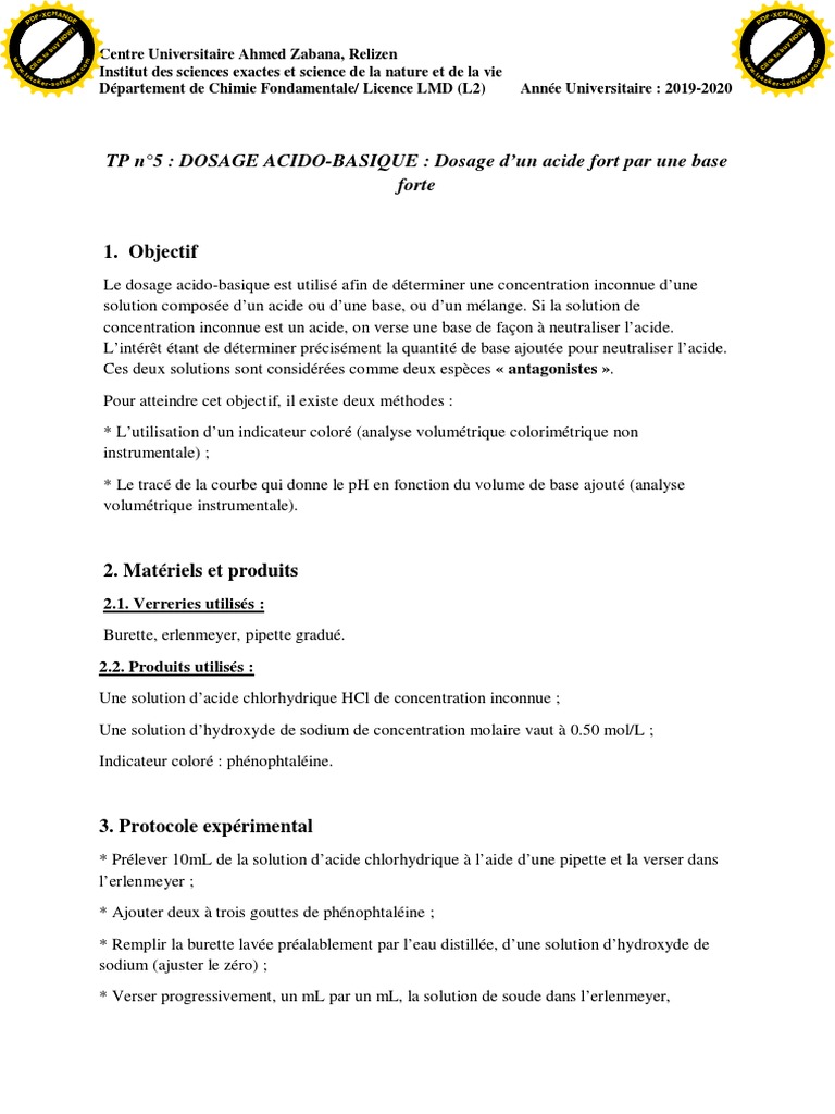 Dosage acido-basique en chimie fondamentale | PDF | Titrage | Chimie