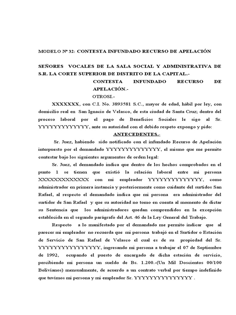Modelo #22 Contesta Infundado Recurso de Apelación | PDF | Apelación ...