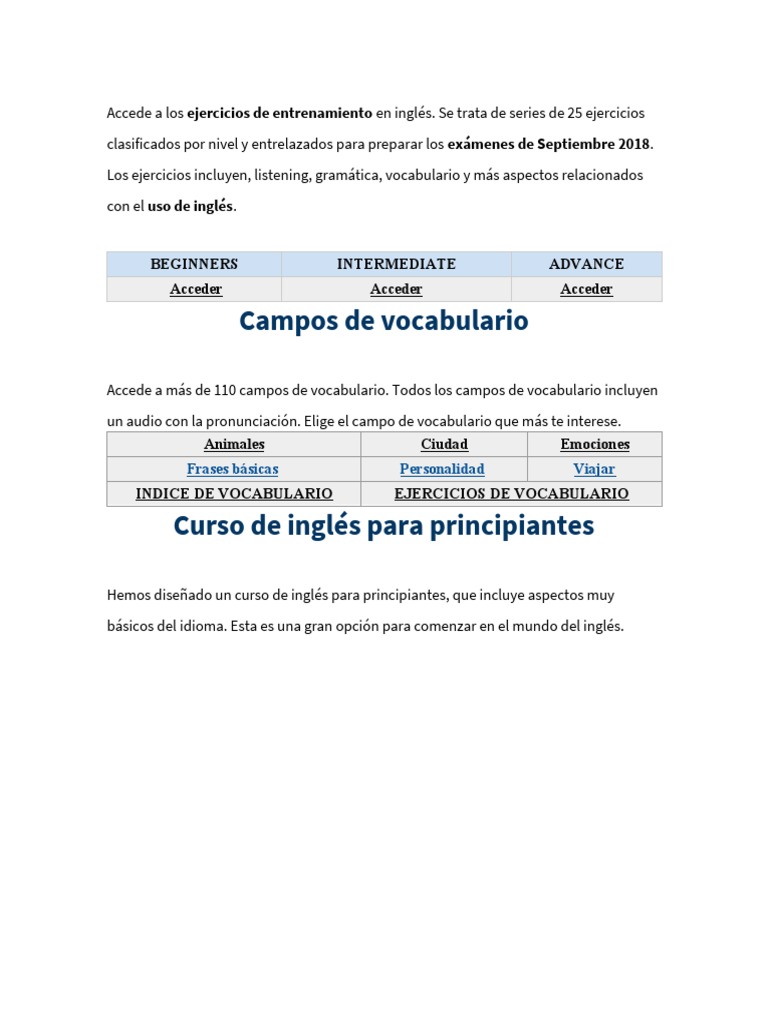 Ejercicios de inglés para principiantes | PDF