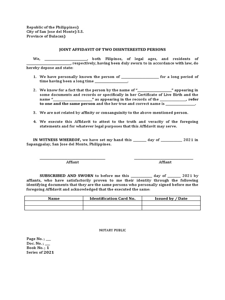 Affidavit of Two Disinterested Persons (One and Same Person) | PDF | Law