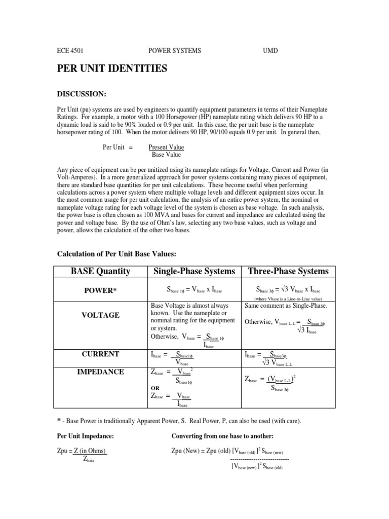 Calculation of Per Unit Base Values | PDF