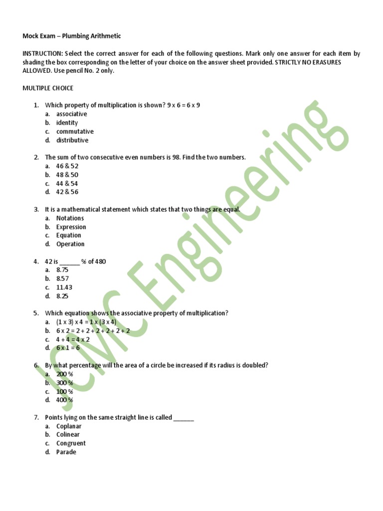 Plumbing Arithmetic Mock Exam | PDF | Depreciation | Book Value