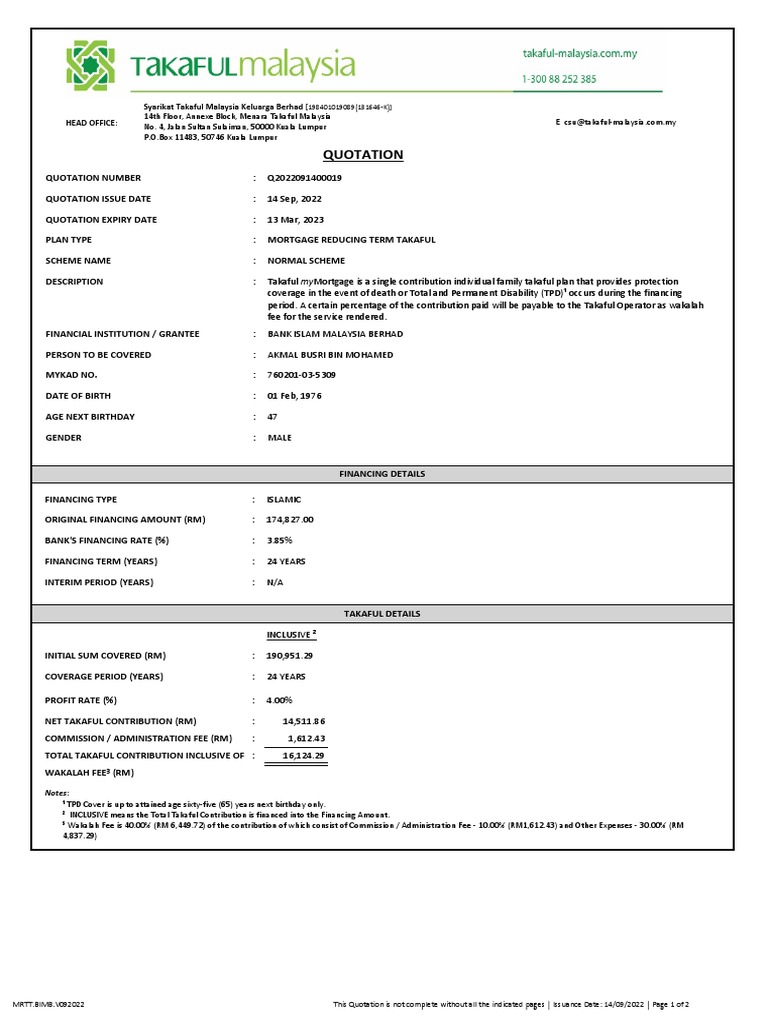 Quotation: Syarikat Takaful Malaysia Keluarga Berhad (Head Office | PDF ...