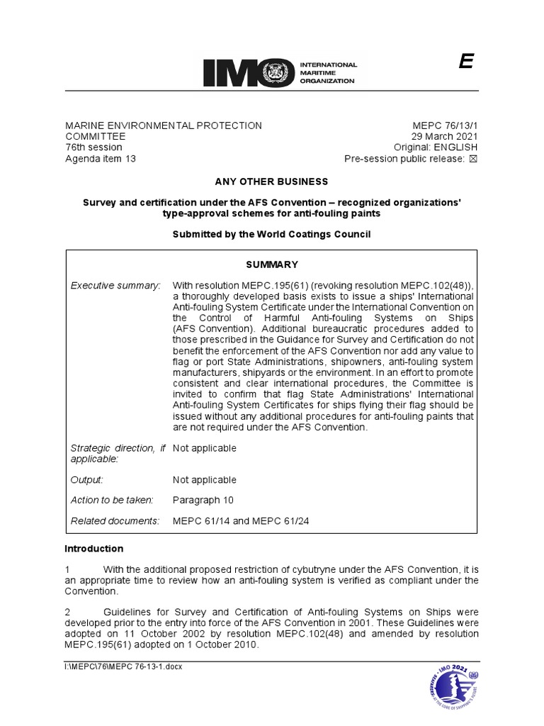 MEPC 76131 Survey and Certification Under The AFS Convention
