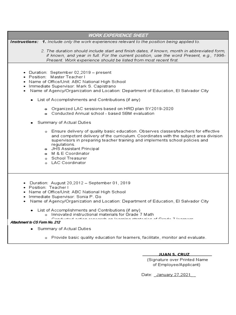 CS Form No. 212 Attachment Work Experience Sheet Sample | PDF ...