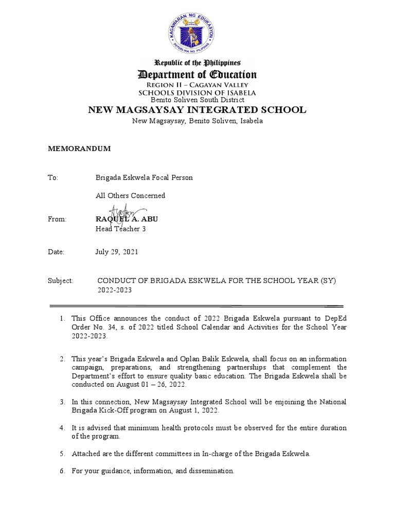 Memo On Brigada Eskwela PDF