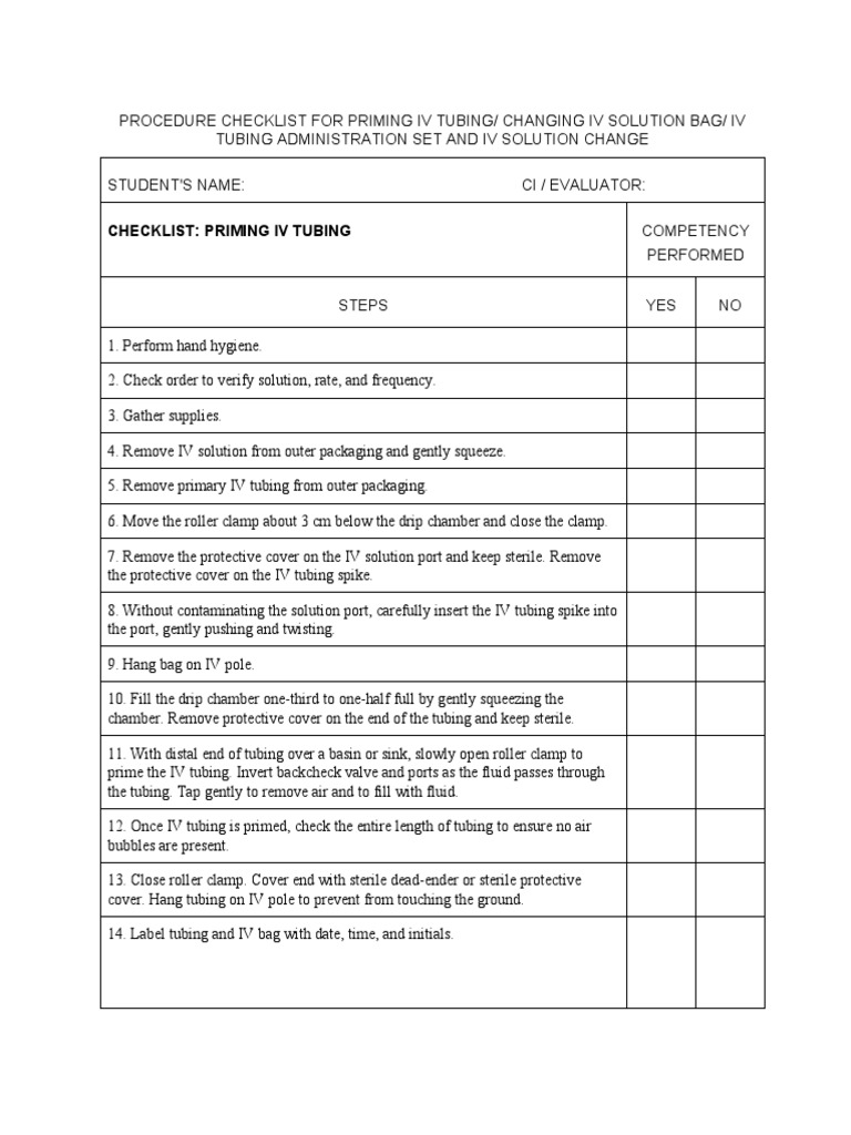PROCEDURE CHECKLIST FOR PRIMING IV TUBING AND ETC Revised 1 PDF