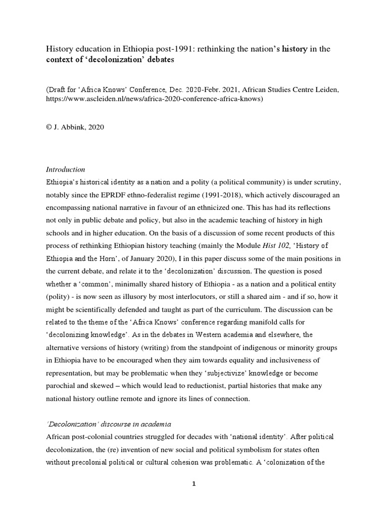 History Education in Ethiopia Post 1991 Rethinking The Nations History