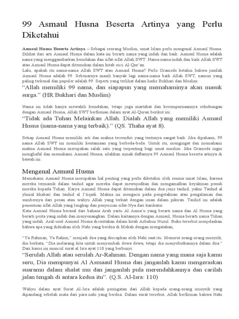 99 Asmaul Husna Beserta Artinya Yang Perlu Diketahui | PDF