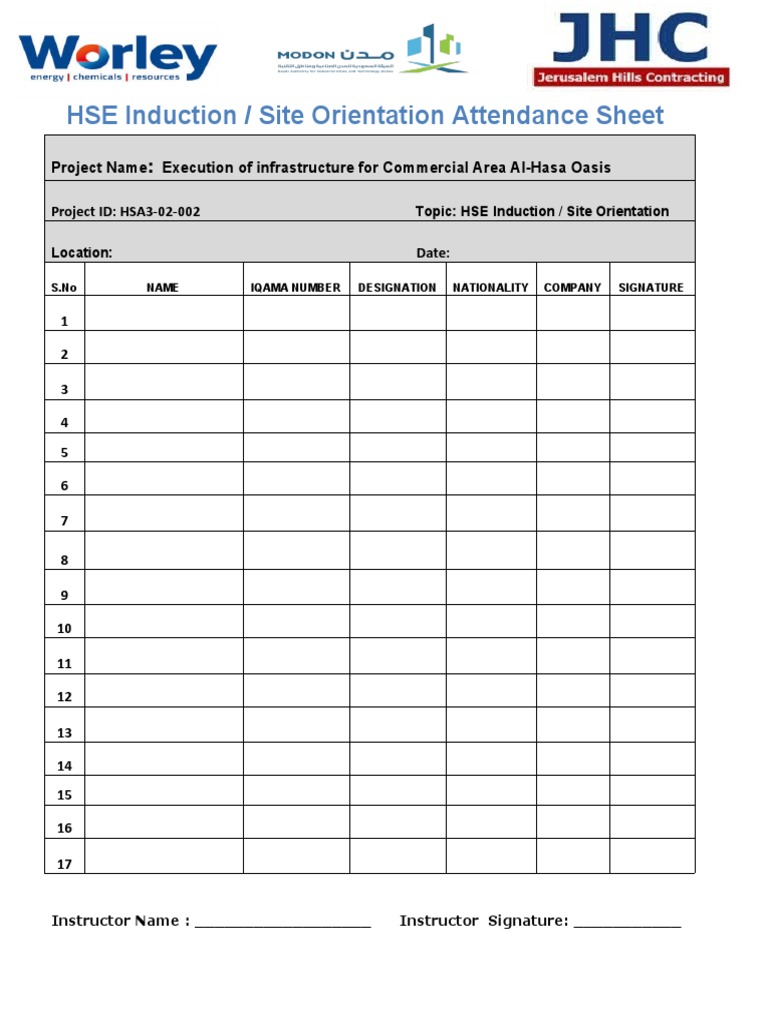 Induction Attendance Sheet PDF Induction Attendance Sheet PDF