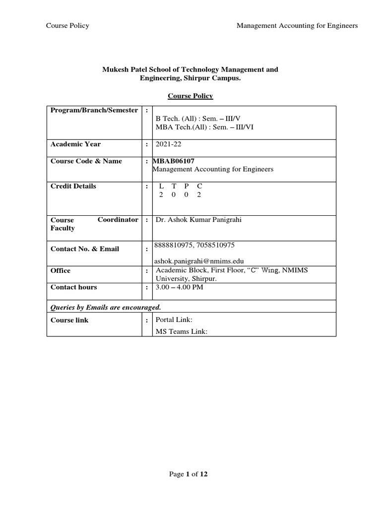 MAE Course Policy PDF Management Accounting Accounting