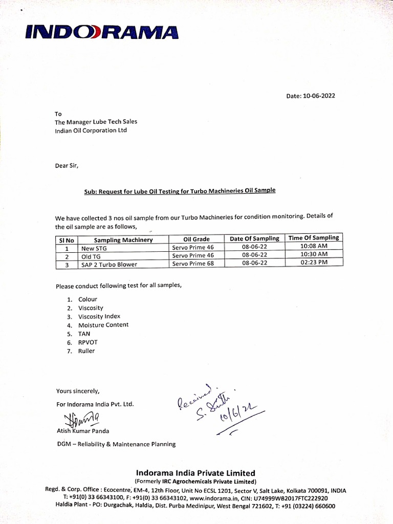 Lube Oil Sample PDF