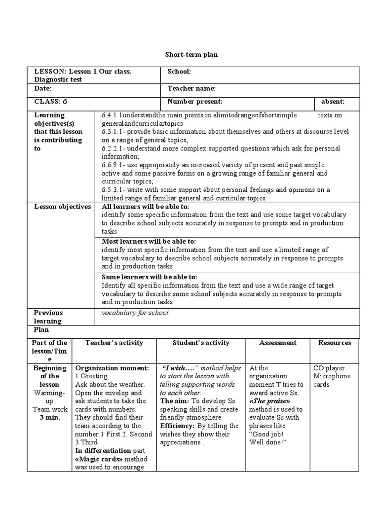 6th Grade Lesson Plan: School Subjects | PDF | Vocabulary | Learning