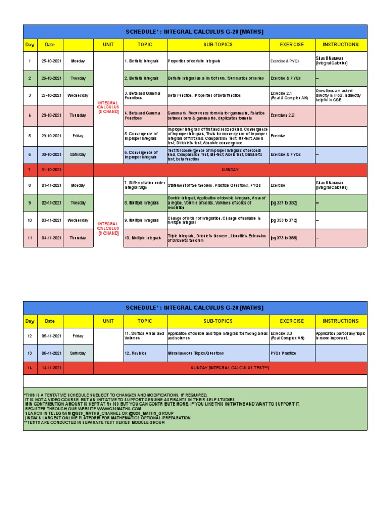 Integral Cal Schedule G-20 | PDF | Integral | Calculus