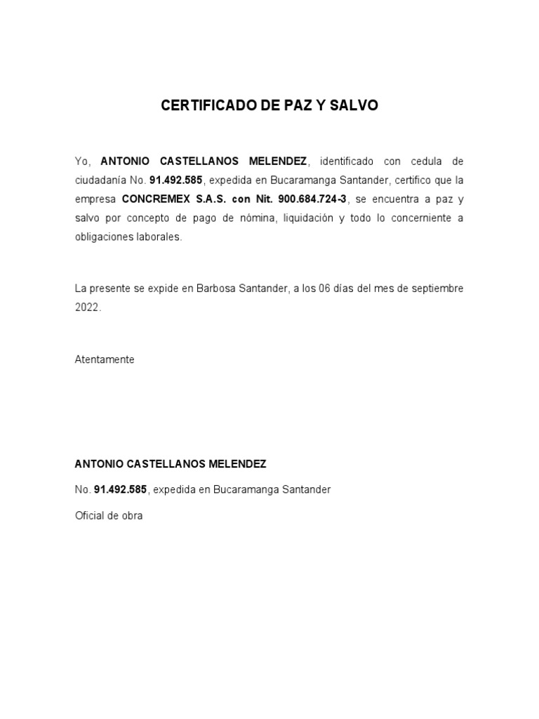 Certificado de Paz y Salvo - Concremex S.A.S. | PDF