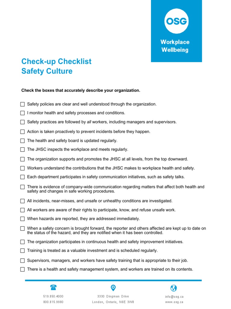 Safety Culture Checklist PDF Occupational Safety And Health Safety