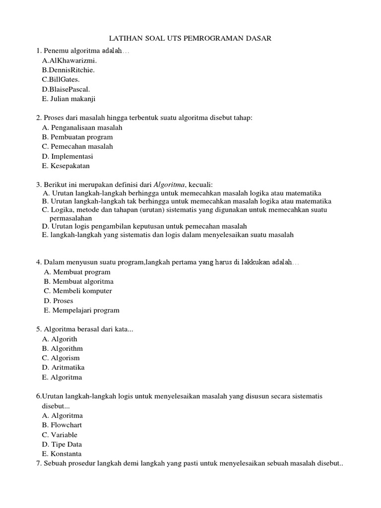 Soal UTS Pemrograman Dasar dan Algoritma | PDF | Metode & Bahan Ajar ...